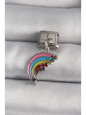 316L Çelik Gümüş Renk Zirkon Taşlı Sallantı Renkli Kayan Yıldız Model Nomination Charm