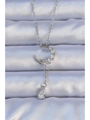  Gümüş  Zirkon Taşlı Sallantılı Ay Figür Çelik Kolye