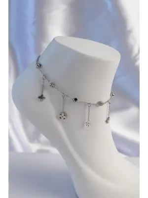 316L Çelik Gümüş Renk Zirkon Taşlı Sallantılı Yonca Model Halhal