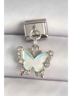 316L Çelik Gümüş Renk Zirkon Taşlı Sarı Mineli Kelebek Model Nomination Charm