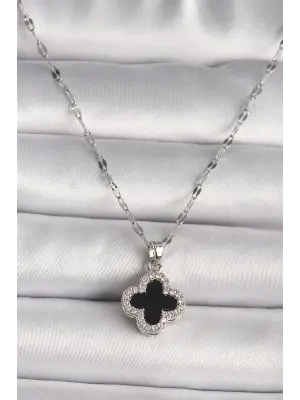  Gümüş  Zirkon Taşlı Siyah Yonca Model  Çelik Kolye