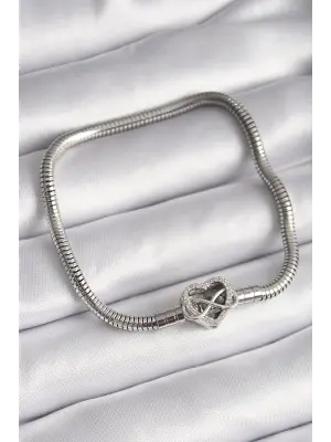 316L Çelik Gümüş Renk Zirkon Taşlı Sonsuzluk Kalp Charm Model Kadın Bileklik