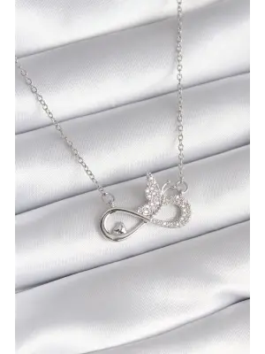  Gümüş  Zirkon Taşlı Sonsuzluk Model Kelebek Detay  Çelik Kolye