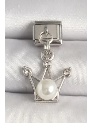 316L Çelik Gümüş Renk Zirkon Taşlı Taç Model İnci Detay Nomination Charm