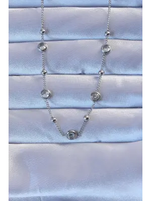  Gümüş  Zirkon Taşlı Top Zincirli Çelik Kolye