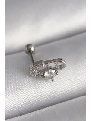 316L Çelik Gümüş Renk Zirkon Taşlı Toplu İğne Tragus Piercing