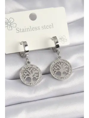   Gümüş Zirkon Taşlı Yaşam Ağacı Model Çelik Küpe