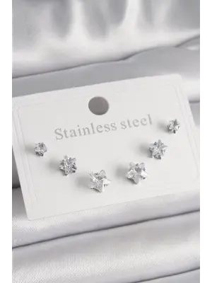   Gümüş Zirkon Taşlı Yıldız Model Çelik Küpe Seti