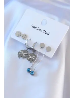   Gümüş Zirkon Taşlı Yonca Figür Sallantı Nazar Boncuk Model Çelik Küpe Seti