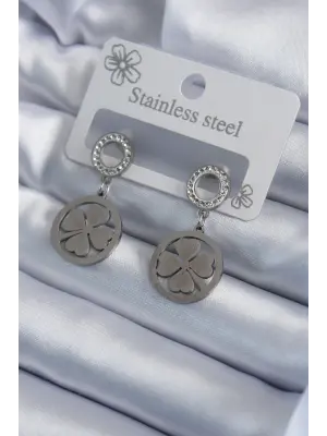   Gümüş Zirkon Taşlı Yonca Model İşleme Detay Çelik Küpe