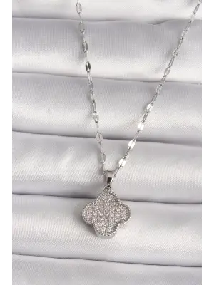  Gümüş  Zirkon Taşlı Yonca Model  Çelik Kolye