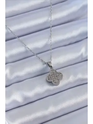  Gümüş  Zirkon Taşlı Yonca Model  Çelik Kolye