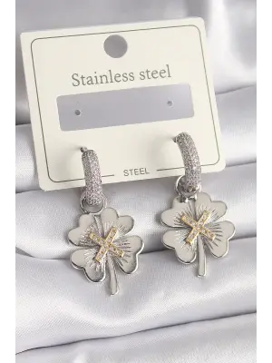   Gümüş Zirkon Taşlı Yonca Model Çelik Küpe