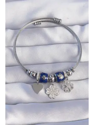 316L Çelik Gümüş Renk Zirkon Taşlı Yonca Tasarımlı Kalp Detay Mineli Charm Bileklik