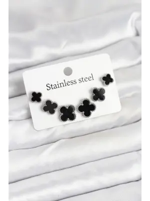 316L Çelik Gümüş Siyah Renk 3 Boy Yonca Küpe Seti