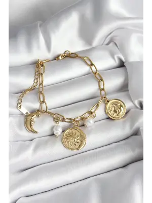 316L Çelik Güneş Ay ve Para Figürlü İnci Detaylı Sallantılı Gold Renk Kadın Bileklik