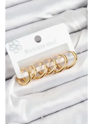 316L Çelik Halka Model Gold Renk 3lü Set Kadın Küpe