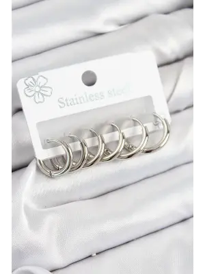 316L Çelik Halka Model Gümüş Renk 3lü Set Kadın Küpe