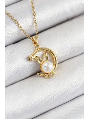 316L Çelik İnci Detaylı Hilal Tavşan Model Gold Renk Kadın Kolye