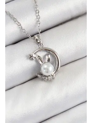 316L Çelik İnci Detaylı Hilal Tavşan Model Gümüş Renk Kadın Kolye