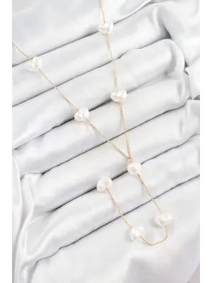 316L Çelik İncili Kalp Figürlü Y Model Gold Renk Kadın Kolye