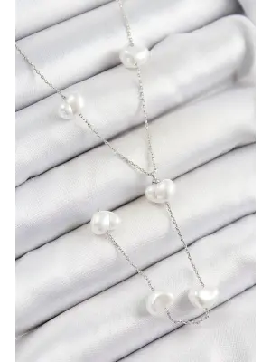 316L Çelik İncili Kalp Figürlü Y Model Gümüş Renk Kadın Kolye