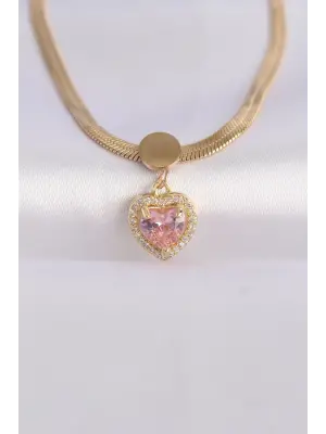  İtalyan Zincir Altın  Pembe Zirkon Taşlı Kalp Çelik Kolye