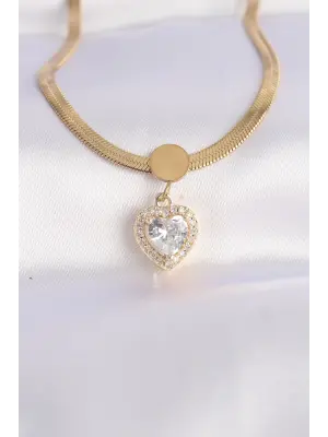  İtalyan Zincir Altın  Zirkon Taşlı Kalp Çelik Kolye