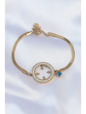 316L Çelik İtalyan Zincir Gold Renk Zirkon Taşlı Nazar Boncuklu Çeyrek Takmalı Bileklik