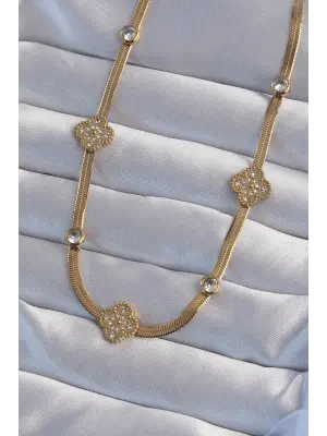  İtalyan Zincirli Altın  Zirkon Taşlı Yonca Model Çelik Kolye