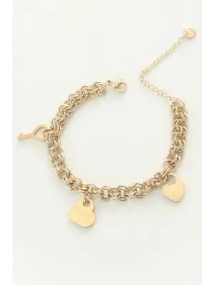 316L Çelik Kalp Aksesuarlı Gold Renk Sarmal Zincir Bileklik