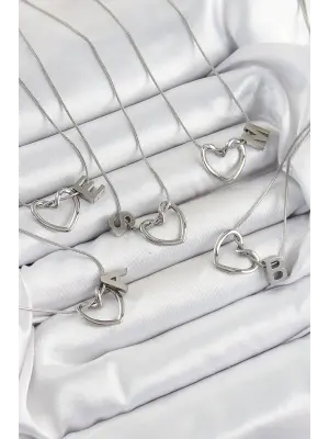 316L Çelik Kalp Detaylı Gümüş Renk Harf Kolye 24lü Paket Kolye