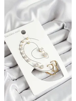 316L Çelik Kalp Figürlü Ve Zirkon Taşlı Gold Renk 7li Çift Kadın Küpe Set