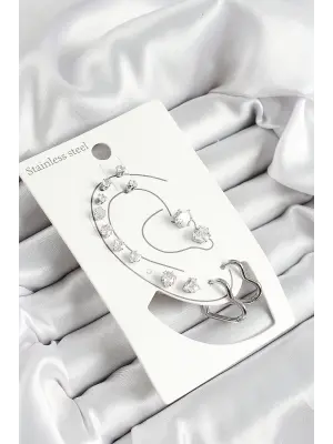 316L Çelik Kalp Figürlü Ve Zirkon Taşlı Gümüş Renk 7li Çift Kadın Küpe Set