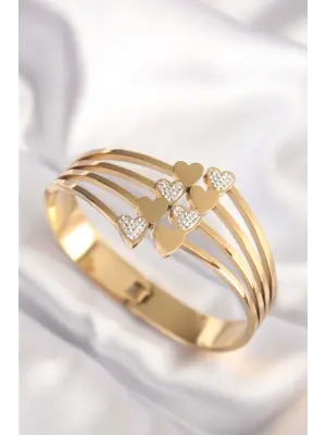 316L Çelik Kalp Model Gold Renk Kadın Kelepçe Bilezik