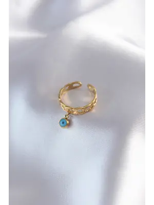 316L Çelik Kararmaz Altın Nazar Detaylı Çelik Yüzük