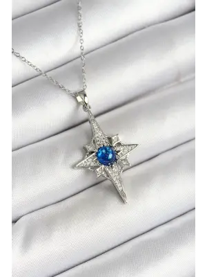 316L Çelik Kutup Yıldızı Figürlü Mavi Zirkon Taşlı Gümüş Renk Kolye