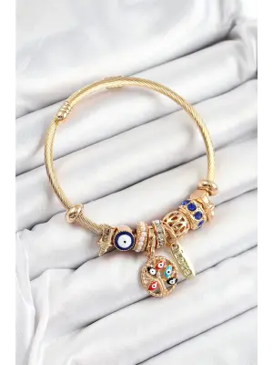 316L Çelik Lacivert Nazarlı Zirkon Taşlı İnci Detaylı Hayat Ağacı Model Gold Renk Charm Bileklik