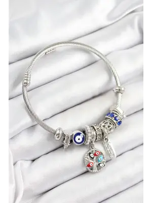 316L Çelik Lacivert Nazarlı Zirkon Taşlı İnci Detaylı Hayat Ağacı Model Gümüş Renk Charm Bileklik