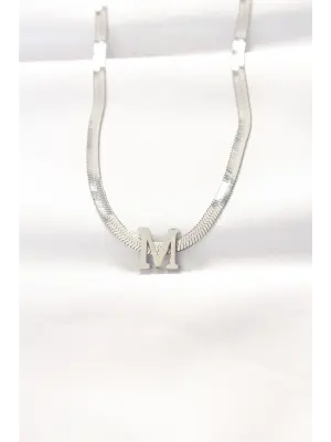  M Harfli Silver  İtalyan Zincirli Çelik Kolye