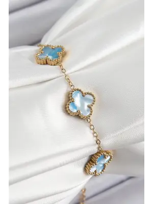 316L Çelik Mavi Sedef Yonca Model Gold Renk Kadın Bileklik