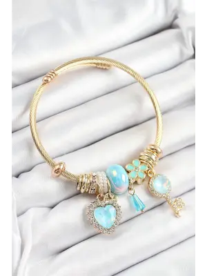 316L Çelik Mavi Zirkon Taşlı Anahtar Ve Kalp Model Gold Renk Charm Bileklik