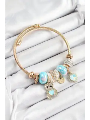 316L Çelik Mavi Zirkon Taşlı Ayıcık Ve Kalp Model Gold Renk Charm Bileklik