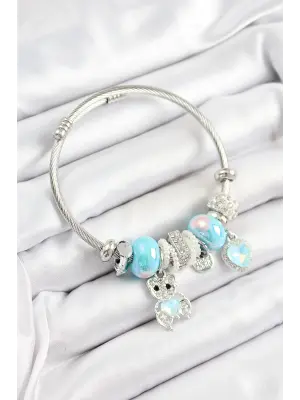 316L Çelik Mavi Zirkon Taşlı Ayıcık Ve Kalp Model Gümüş Renk Charm Bileklik