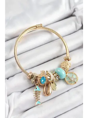 316L Çelik Mavi Zirkon Taşlı Balık Deniz Kabuğu Ve Deniz Yıldızı Model Gold Renk Charm Bileklik