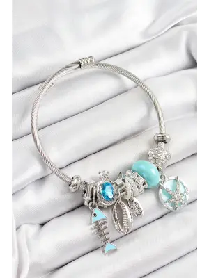 316L Çelik Mavi Zirkon Taşlı Balık Deniz Kabuğu Ve Deniz Yıldızı Model Gümüş Renk Charm Bileklik