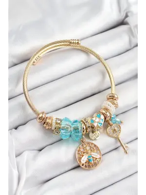 316L Çelik Mavi Zirkon Taşlı Baykuş Arı Ve Anahtar Model Gold Renk Charm Bileklik