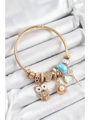 316L Çelik Mavi Zirkon Taşlı Baykuş İstiridye Ve Anahtar Model Gold Renk Charm Bileklik