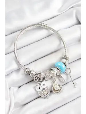 316L Çelik Mavi Zirkon Taşlı Baykuş İstiridye Ve Anahtar Model Gümüş Renk Charm Bileklik