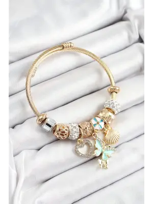 316L Çelik Mavi Zirkon Taşlı Kalp Kelebek Ve İstiridye Model Gold Renk Charm Bileklik
